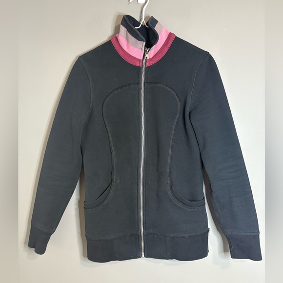 Lululemon Scuba Jacket Black Pink Stripe Collar Zip Up Athletic - Picture 2 of 5